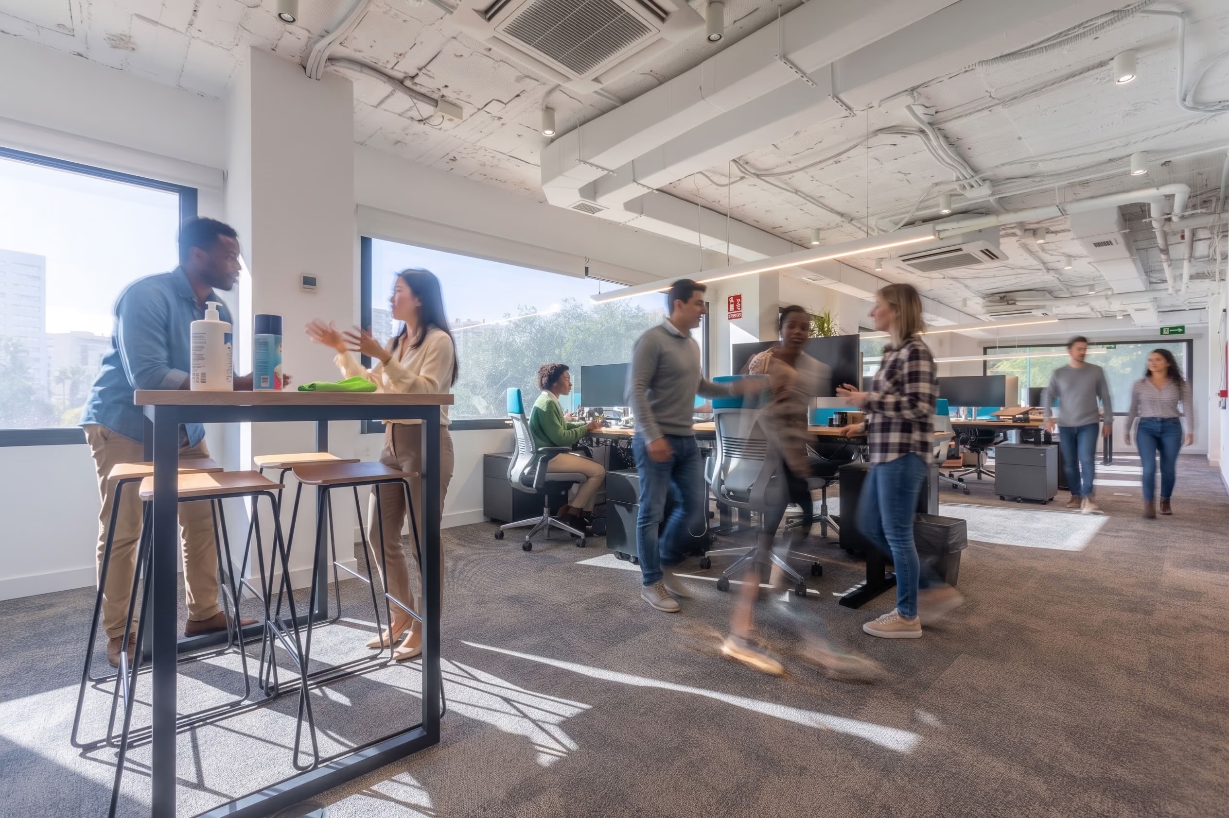 Colleagues talking and working in a bright open-plan Fortris office