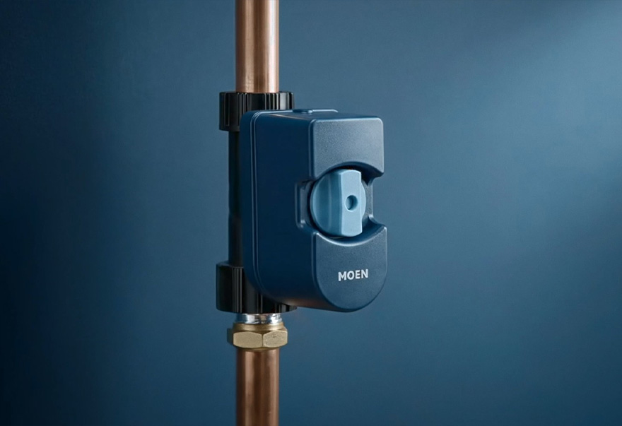 A blue Moen Flo automatic water shutoff installed on a copper pipe