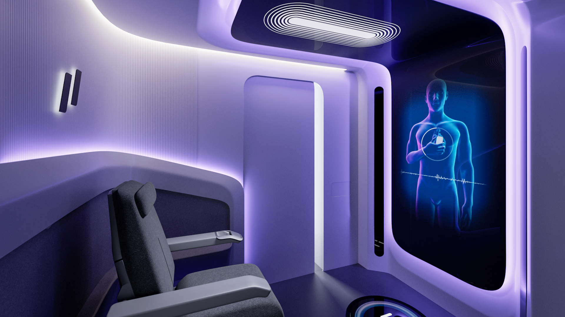 Forward promotional rendering showing a chair and touchscreen inside a CarePod