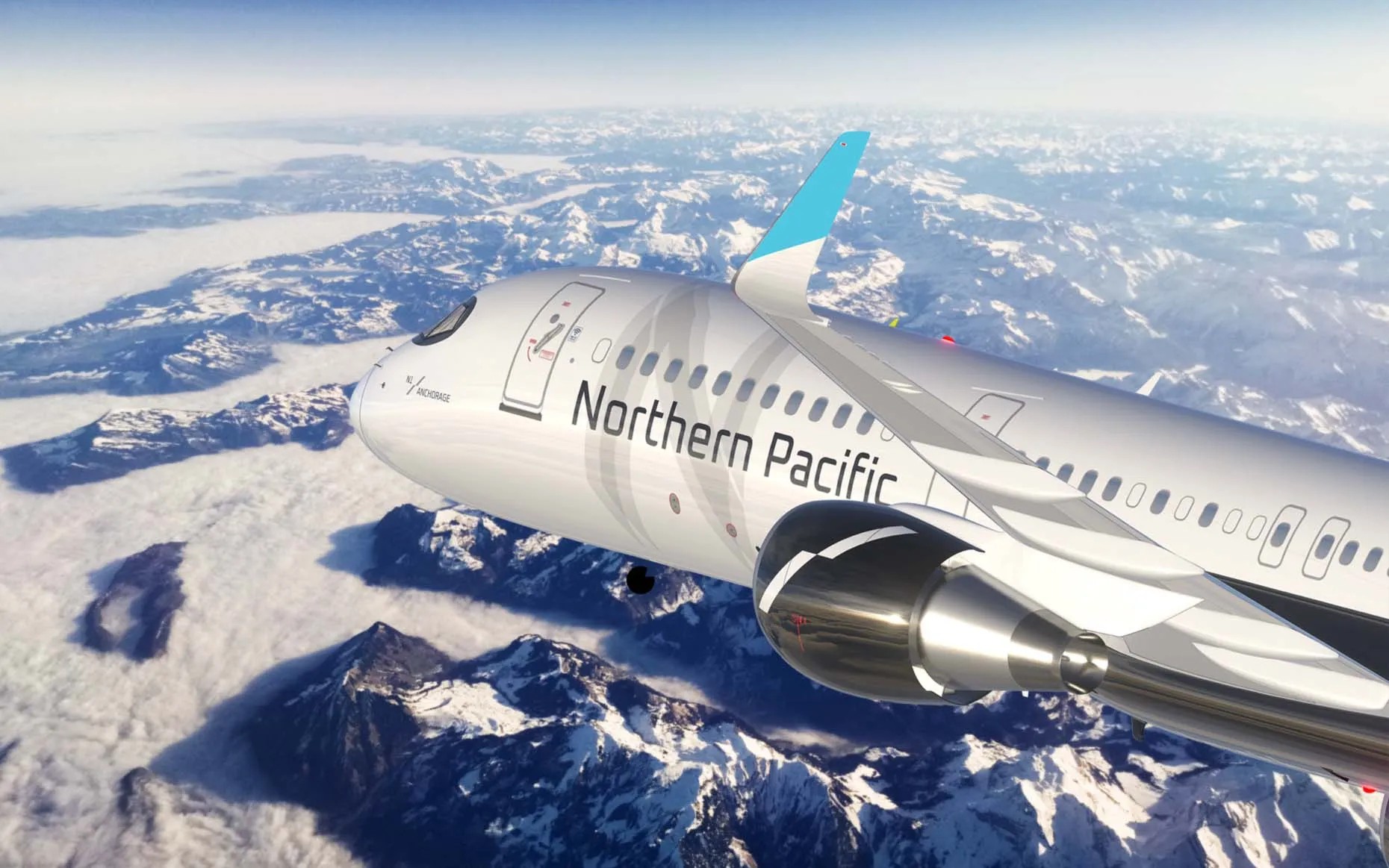 Northern Pacific Airways aircraft in a black, white, and teal Forward Studio livery flying above Alaskan mountains