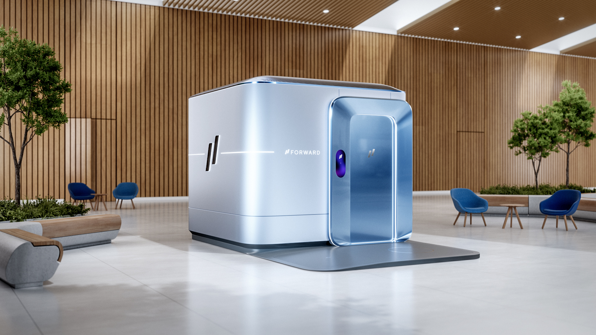 Forward promotional rendering of a silver CarePod in a wood-lined public space