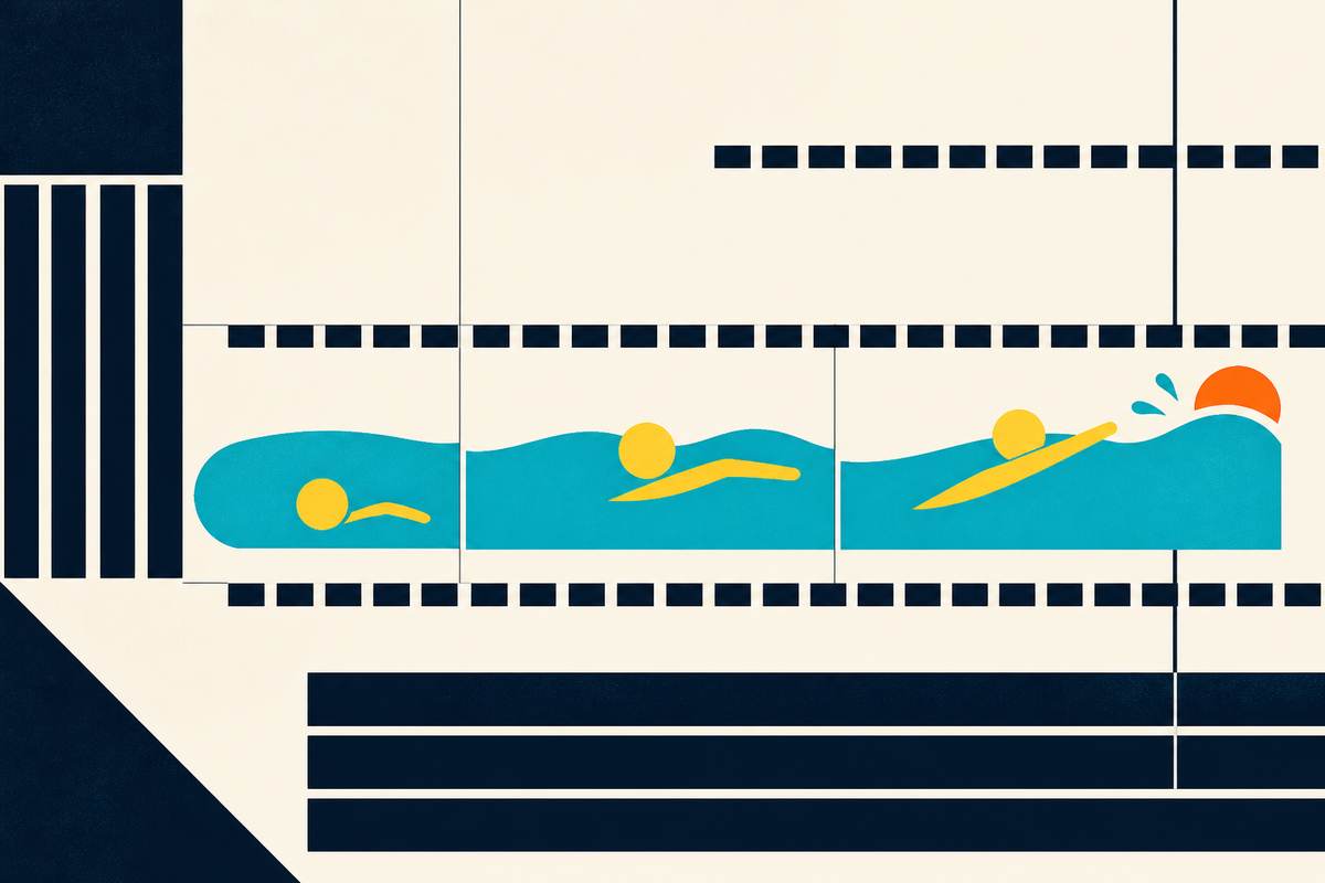 Abstract Swiss Style illustration showing one swimmer advancing through three geometric water stages