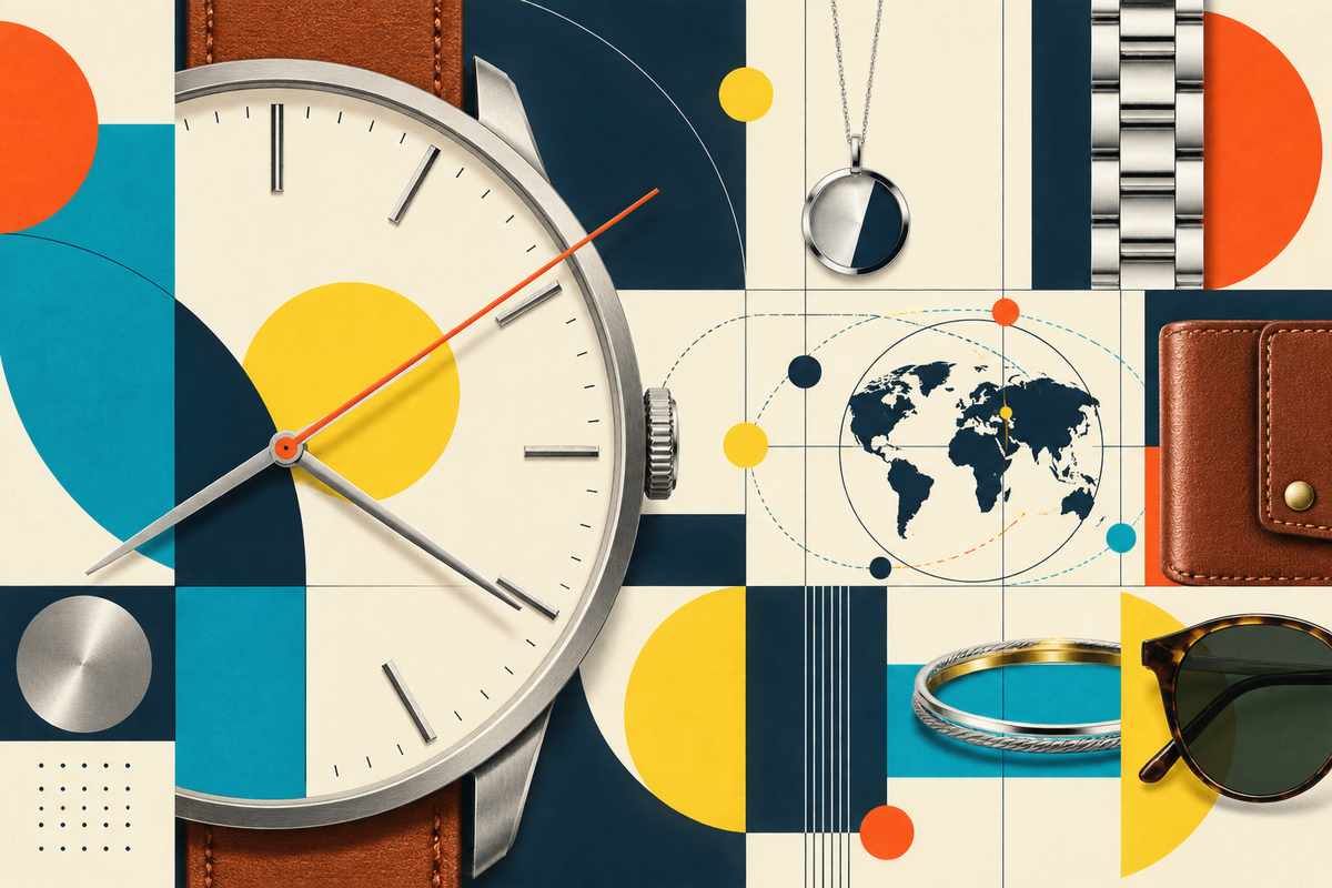 Abstract Swiss-style composition of a watch, leather, jewelry, eyewear and a global distribution map