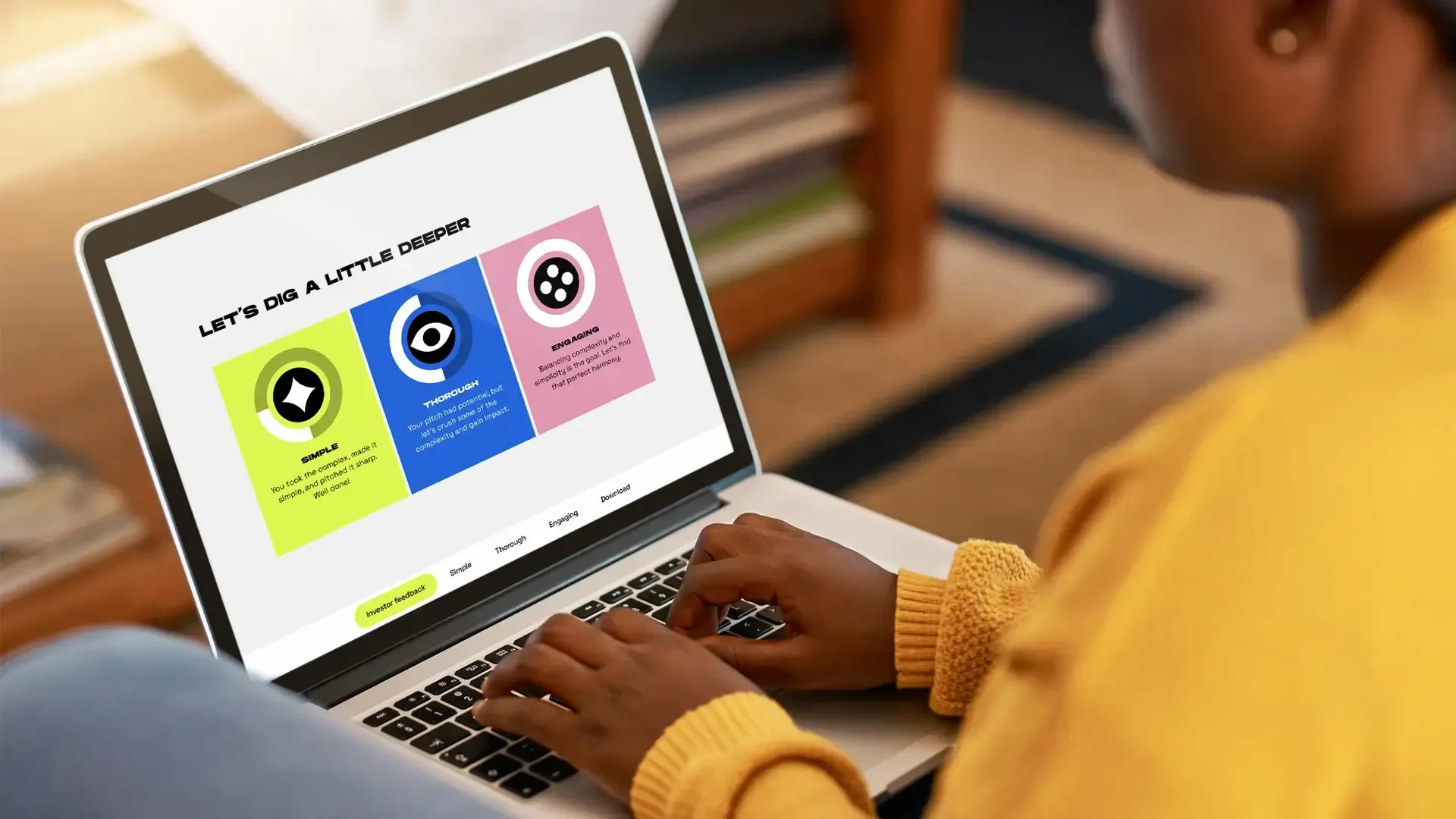 PAM pitch feedback displayed on a laptop, with simple, thorough and engaging feedback categories