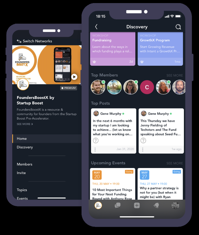 FoundersBoostX community interface shown on two phones