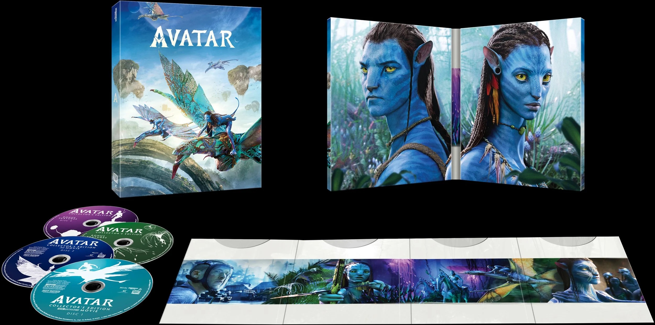 Avatar collector’s edition packaging with outer cover, character portraits, four discs and unfolded interior artwork