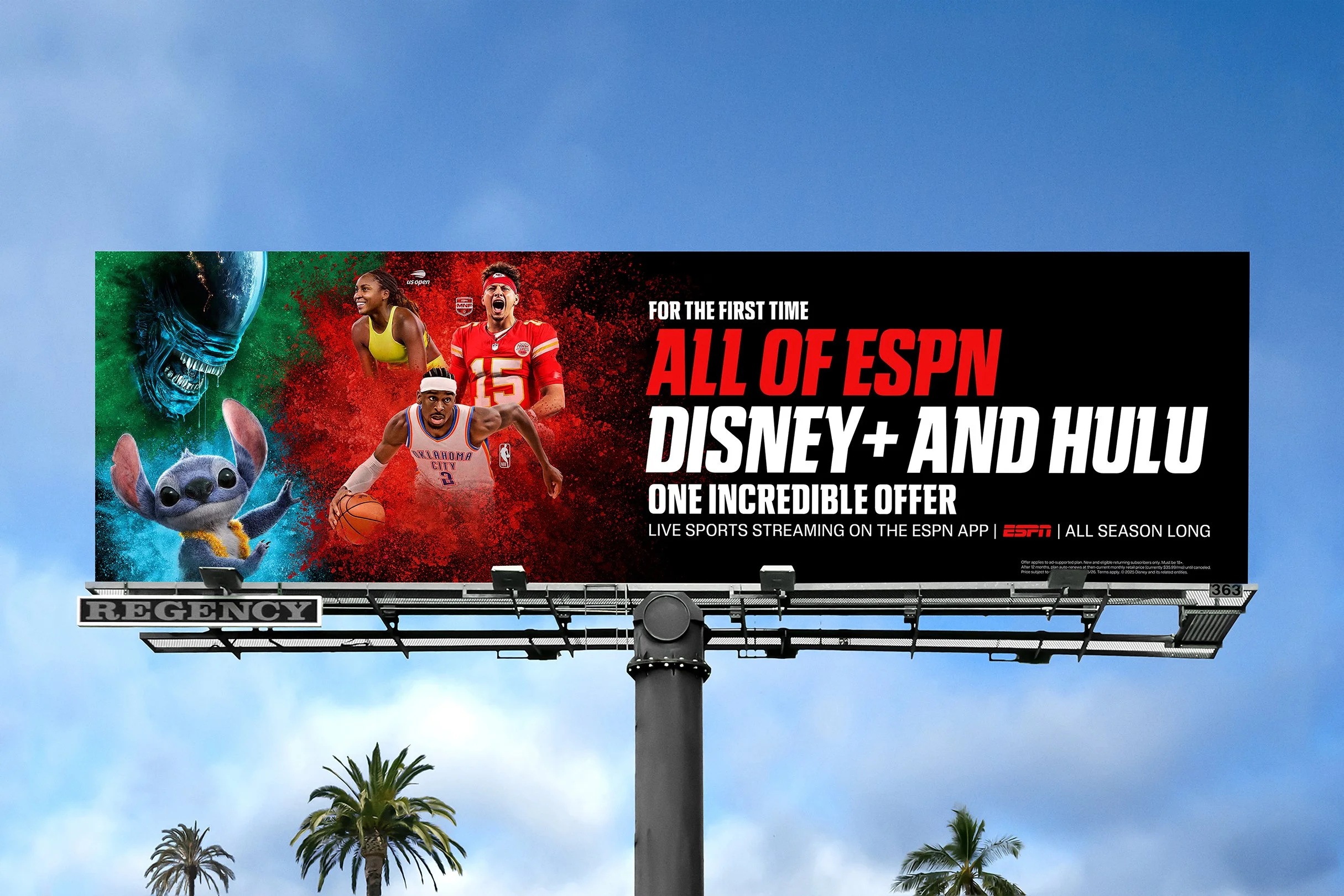 Disney+, Hulu and ESPN bundle billboard with entertainment characters, sports figures and a large offer headline