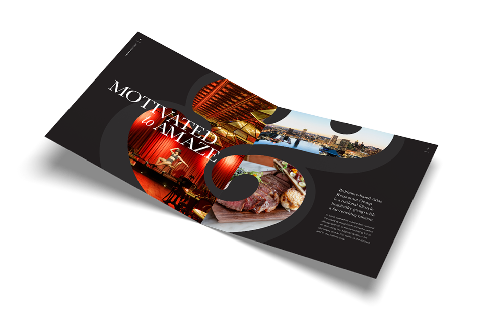 FOVNDRY-designed Atlas Restaurant Group brand publication with photography and bold editorial typography