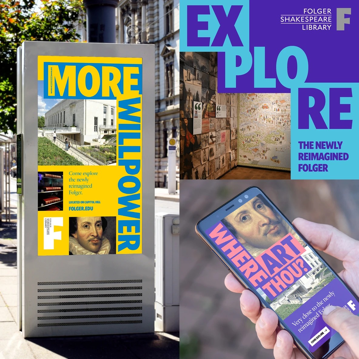 FOVNDRY's colorful integrated campaign for the reopened Folger Shakespeare Library across outdoor, exhibition, and mobile placements