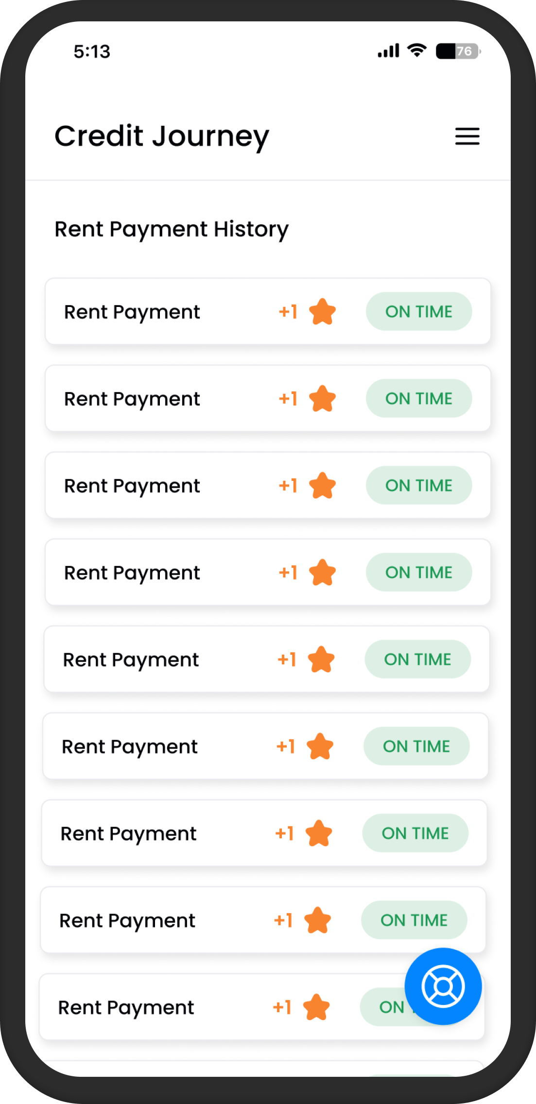 Illustrative Rentistry mobile screen showing rent payment reporting history
