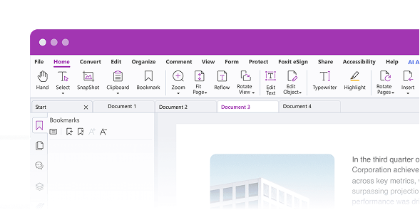 Company-supplied crop of Foxit PDF Editor showing editing tools and document tabs