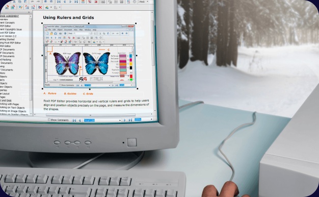 Foxit’s retrospective illustration of an early PDF Editor interface on a bulky desktop monitor
