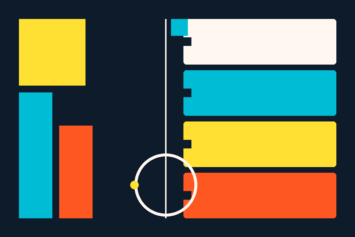 Swiss-style graphic of interlocking modular blocks and swappable cards
