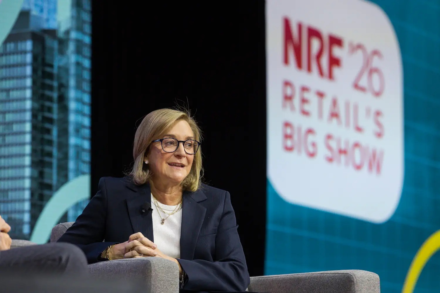 Fran Horowitz seated onstage in a navy jacket at NRF 2026 in New York