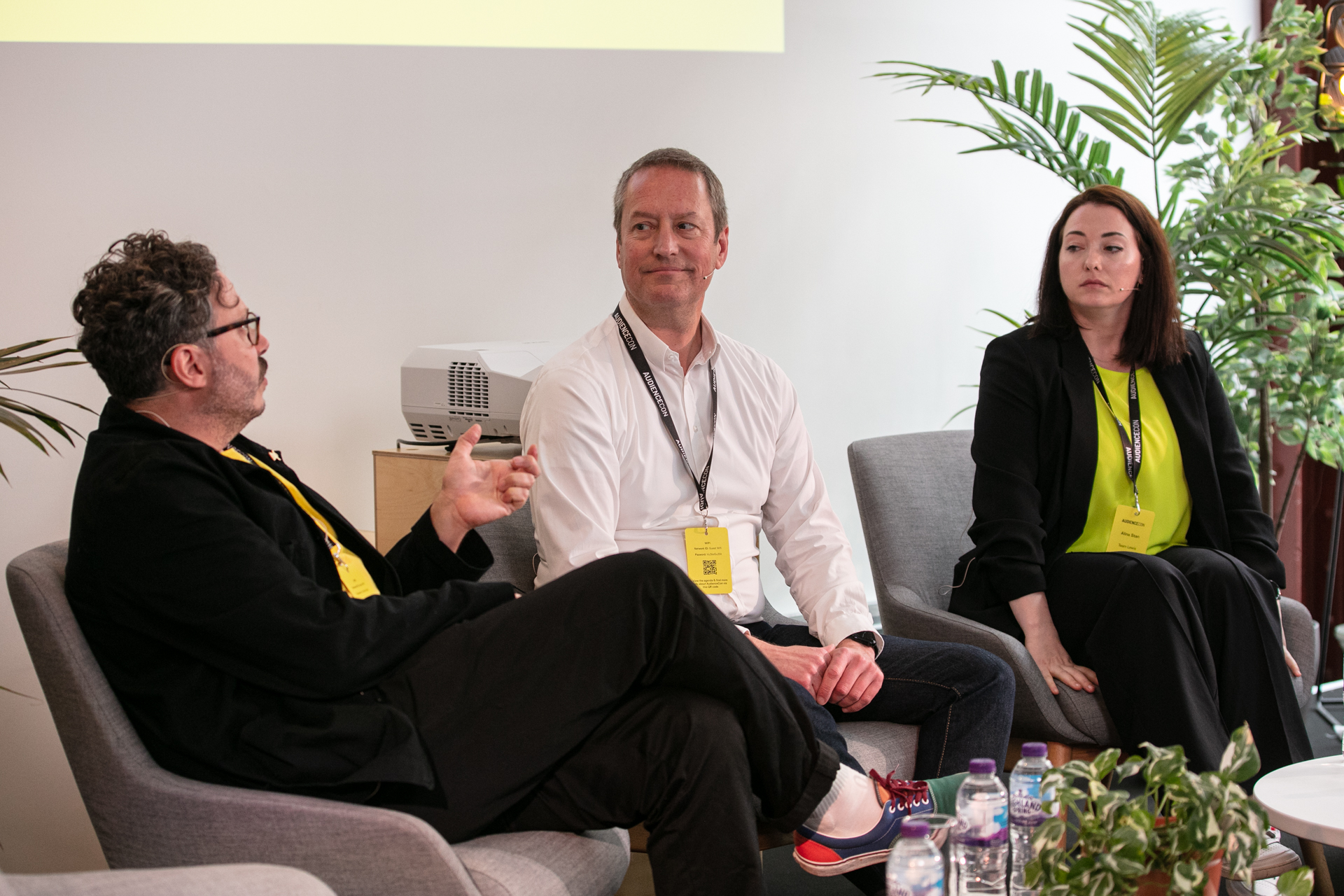 Francesco D'Orazio, left, in conversation with Mike Stevens and Alina Stan at AudienceCON