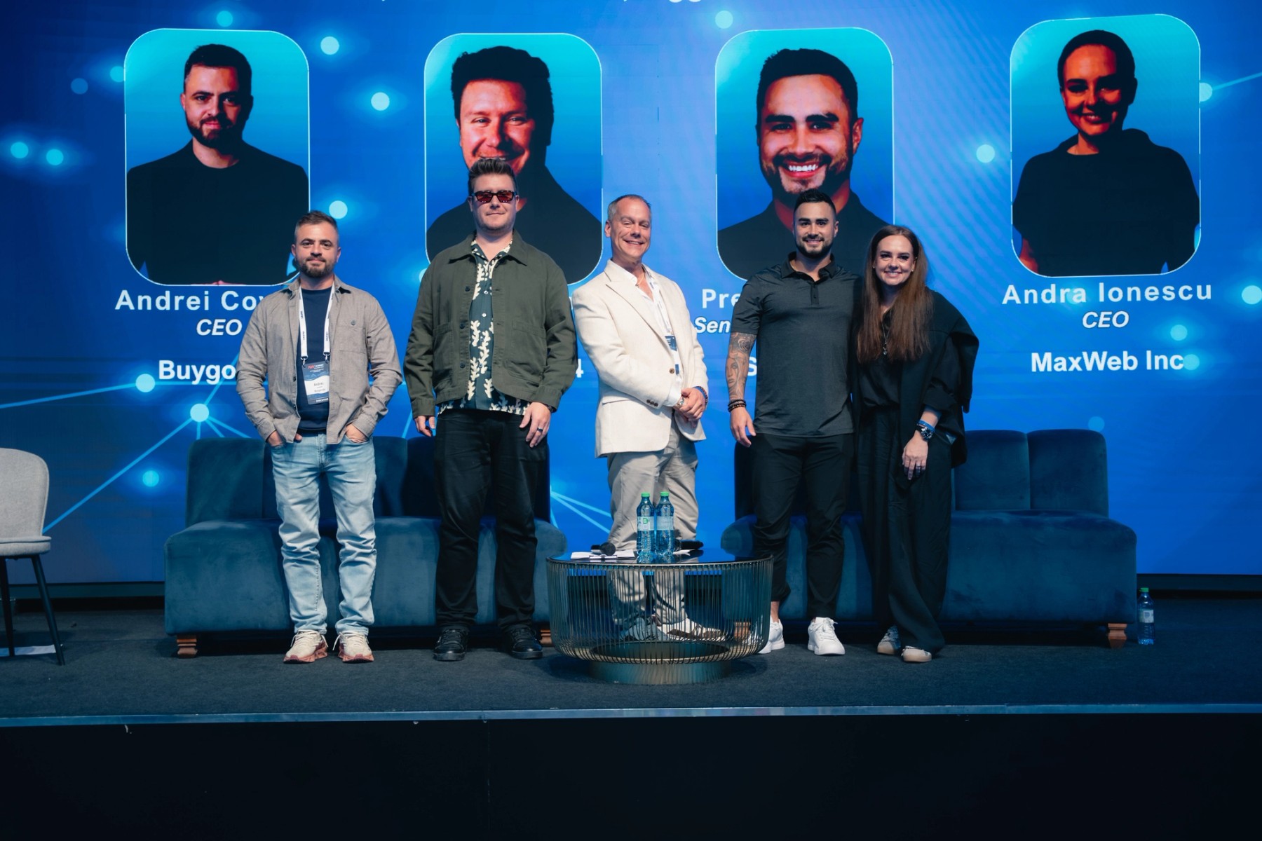 Francis Wolff, second from left, with fellow participants on stage at Affiliate World Summit Bucharest.