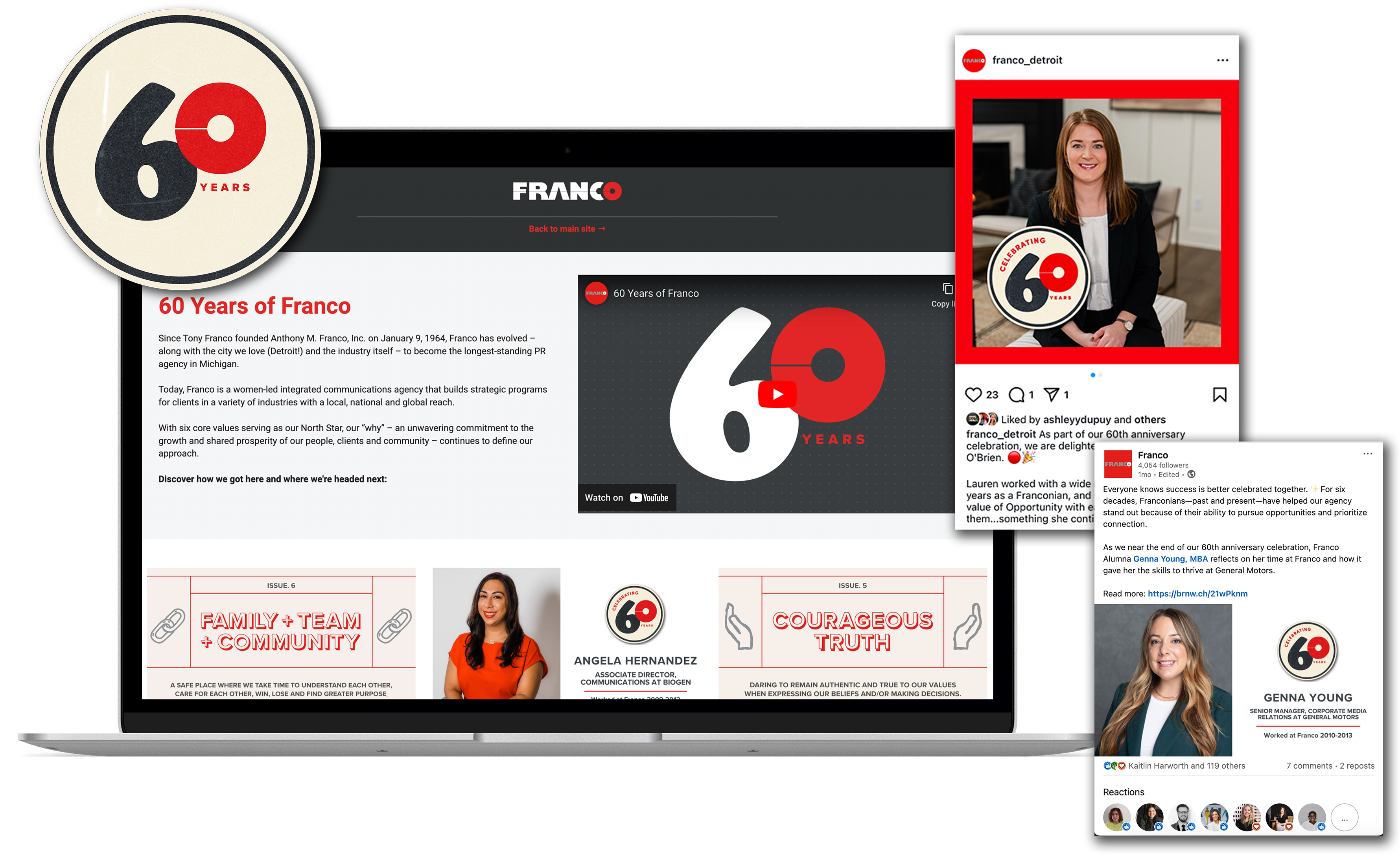 Franco's 60th anniversary campaign displayed across a website and social media posts