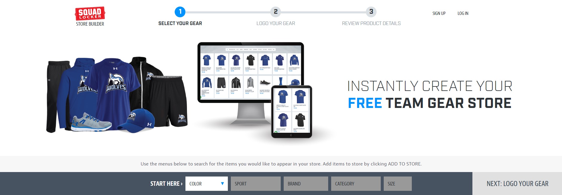 SquadLocker store builder interface showing customizable team apparel on desktop and tablet screens