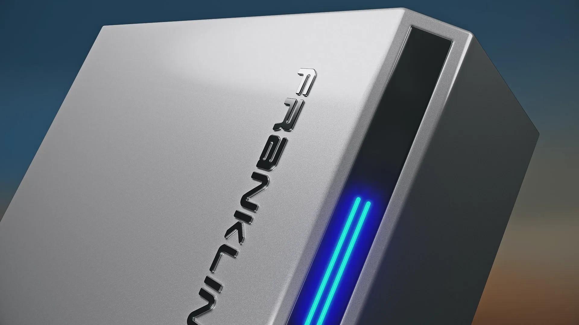 Close-up of the white aPower 2 enclosure and illuminated blue status strip