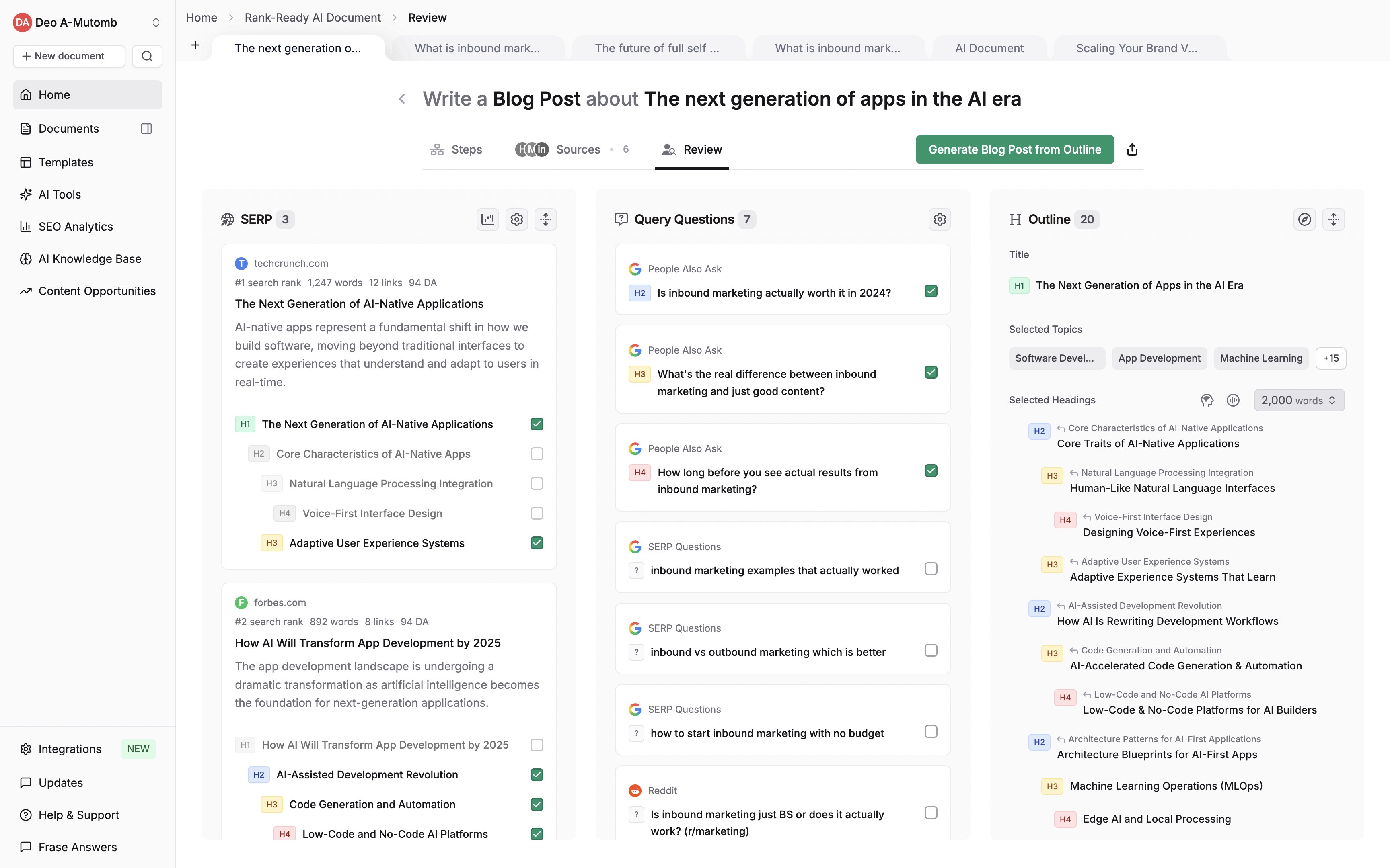 Frase research workspace showing search results, questions, and an article outline