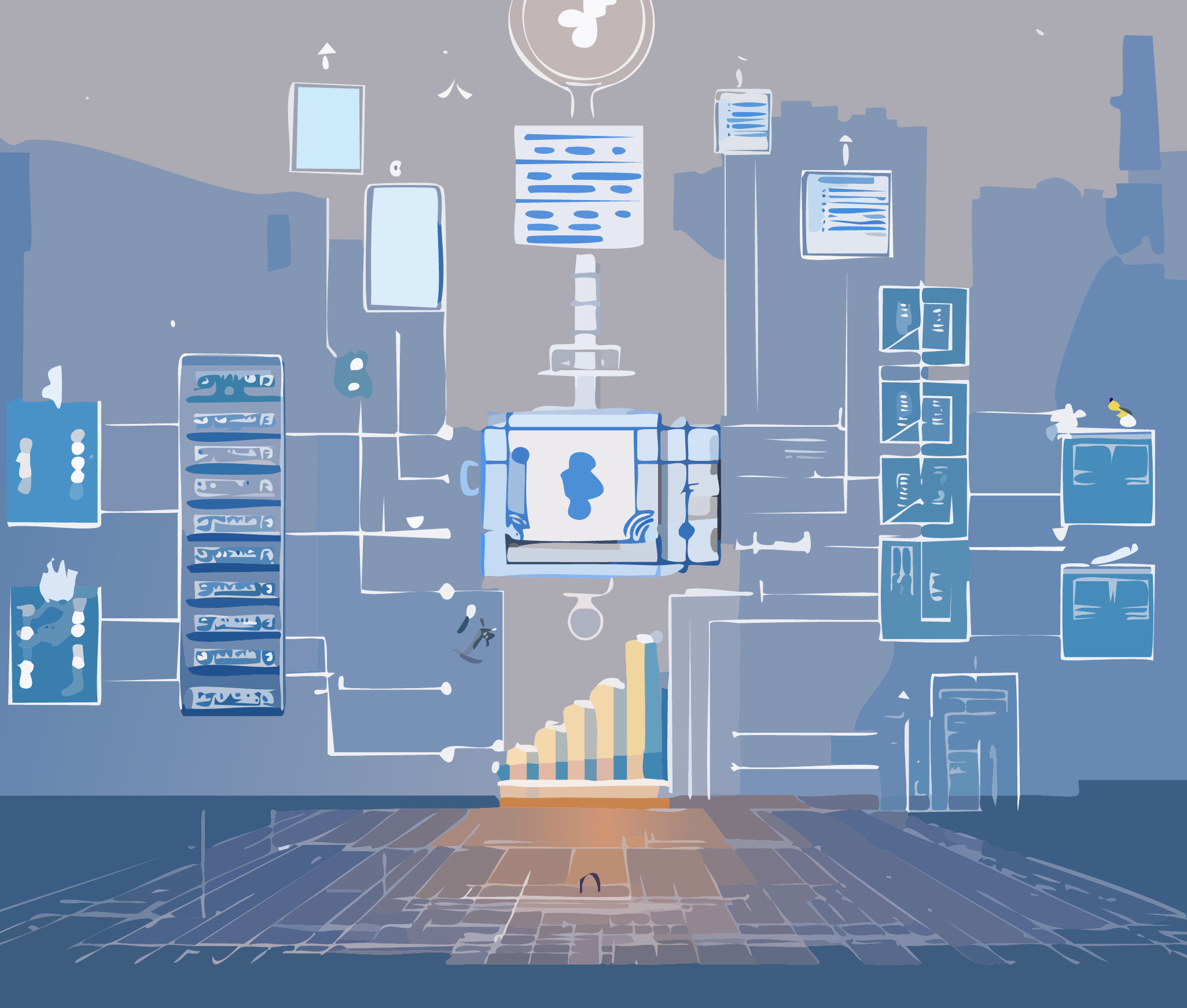 FRDM illustration of connected supply-chain data panels and analytics