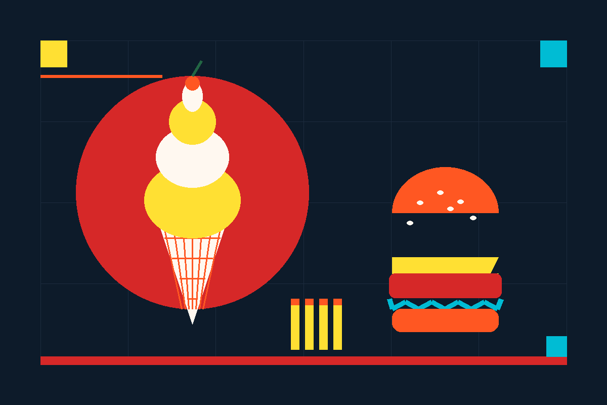 Swiss-style graphic of a frozen custard cone, a stacked steakburger, and shoestring fries on a navy grid