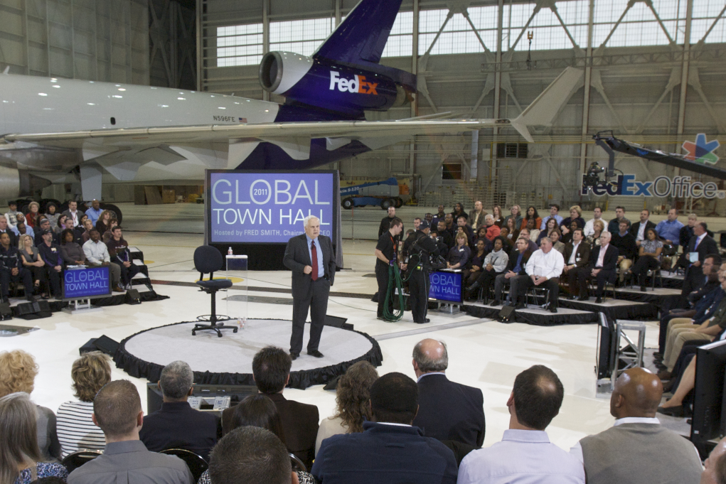 Fred Smith speaking at an internal FedEx town hall meeting in 2013