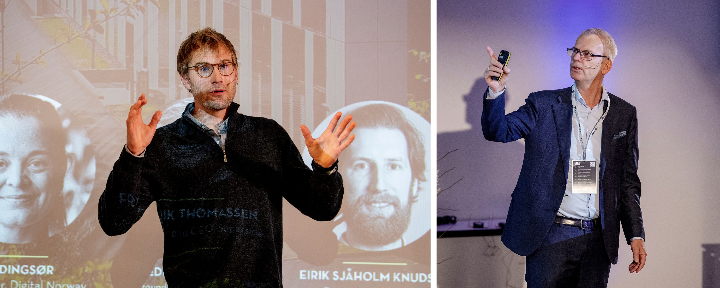Fredrik Thomassen speaking at NHH’s spring conference, left; rector Øystein Thøgersen speaking, right