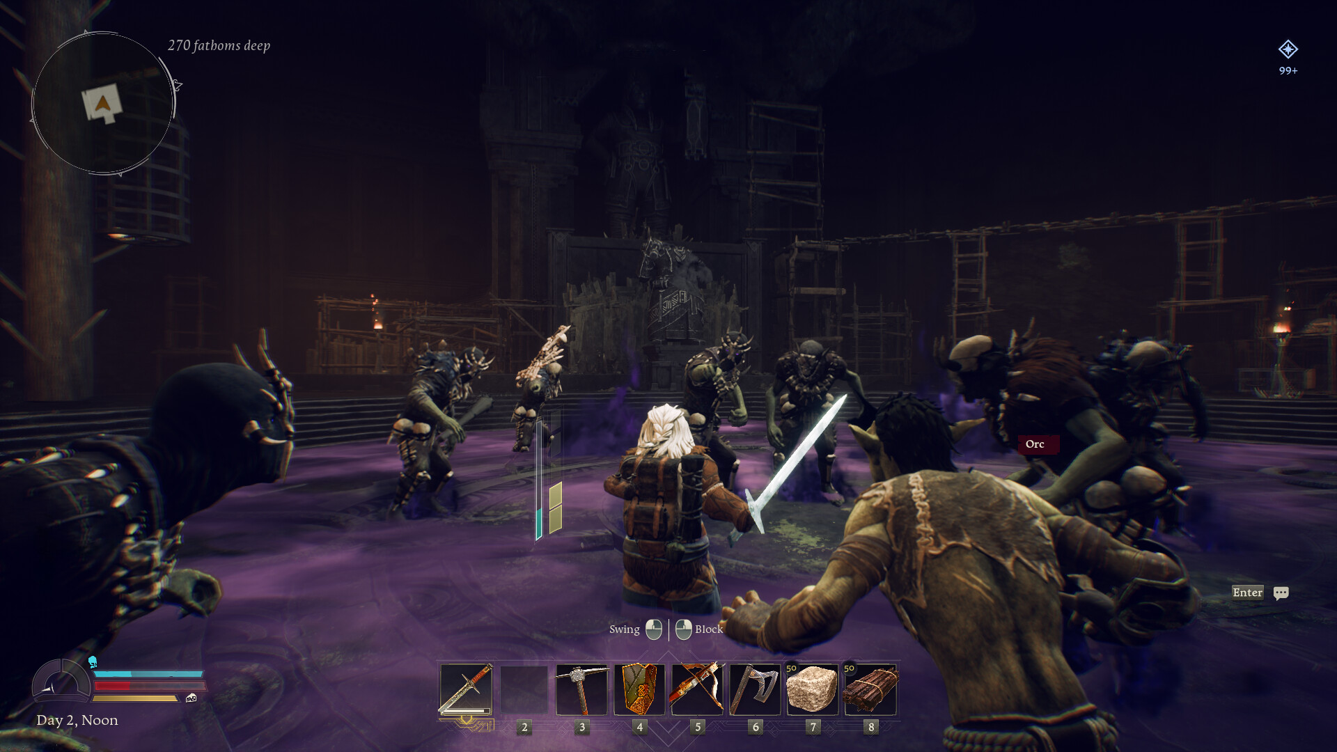 A dwarf battles orcs in a great stone chamber in Return to Moria