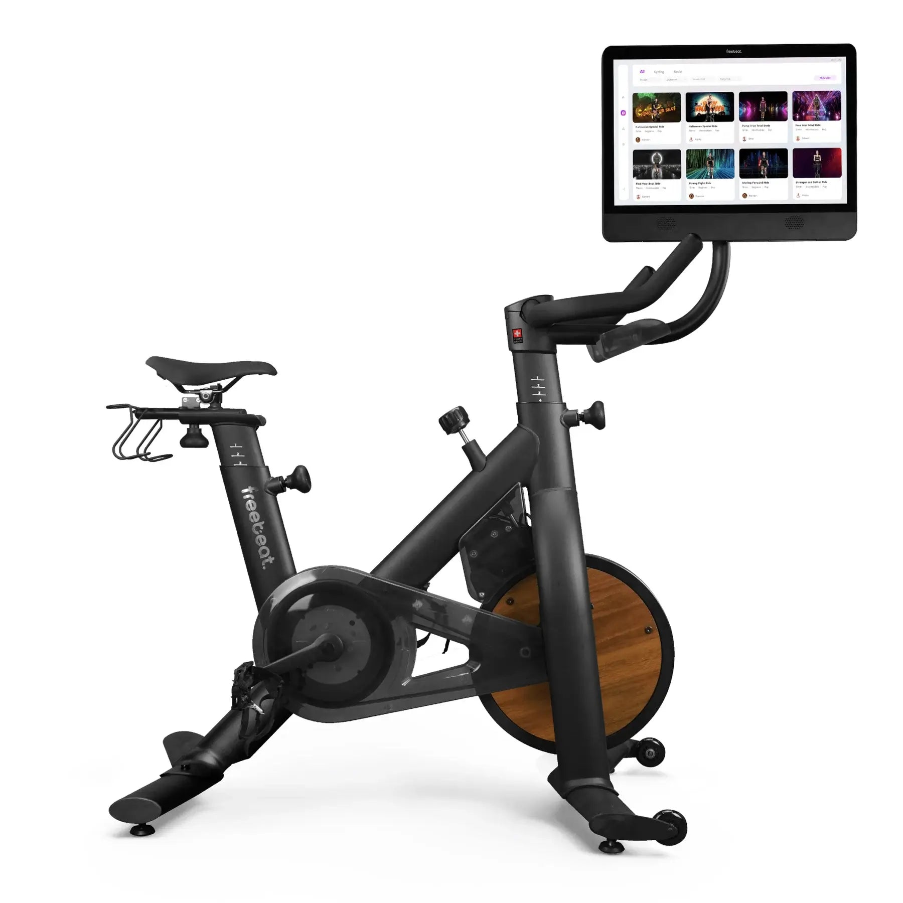 freebeat Lit Bike in Space Black with a large rotatable touchscreen
