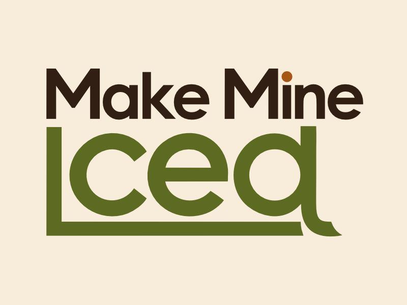 Make Mine Iced logo with large brown and green lettering on a cream background