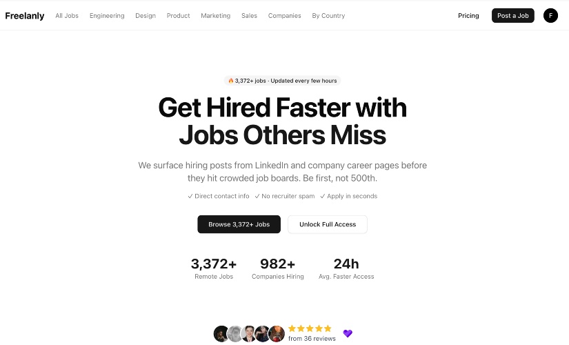 Earlier Freelanly website presenting remote jobs from LinkedIn posts and company career pages