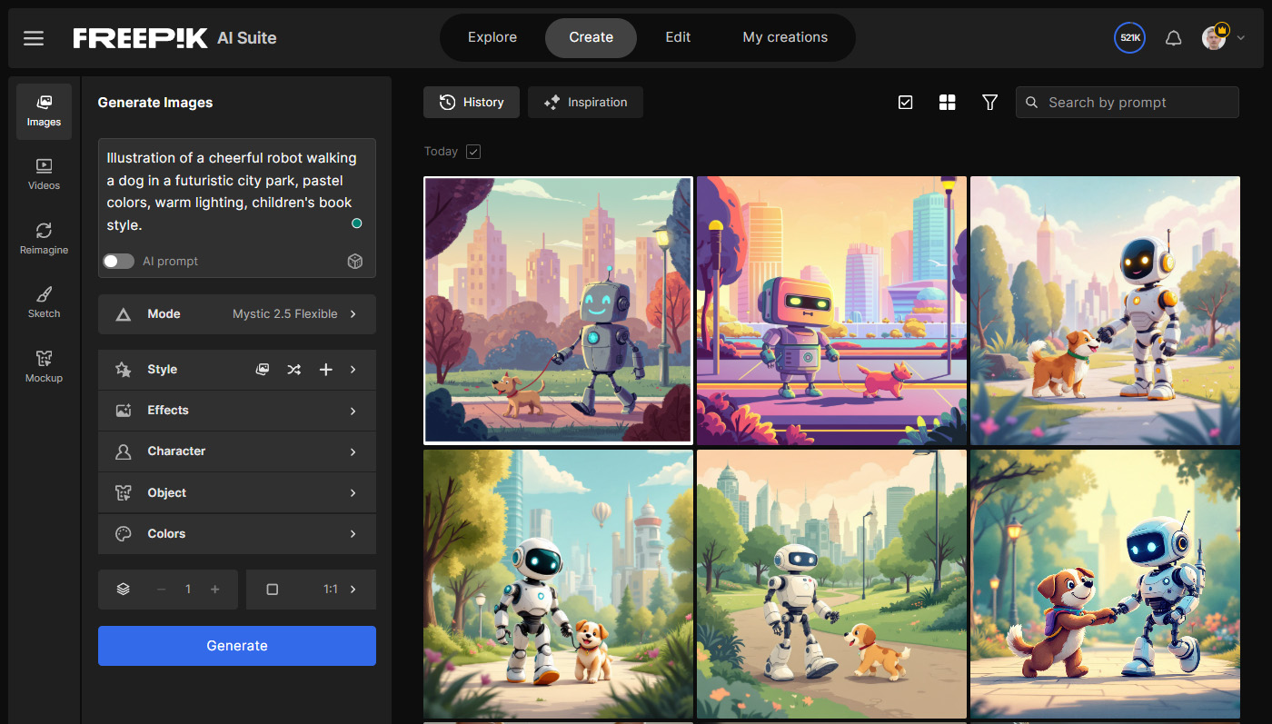 Freepik AI image generator interface showing prompt controls and generated examples