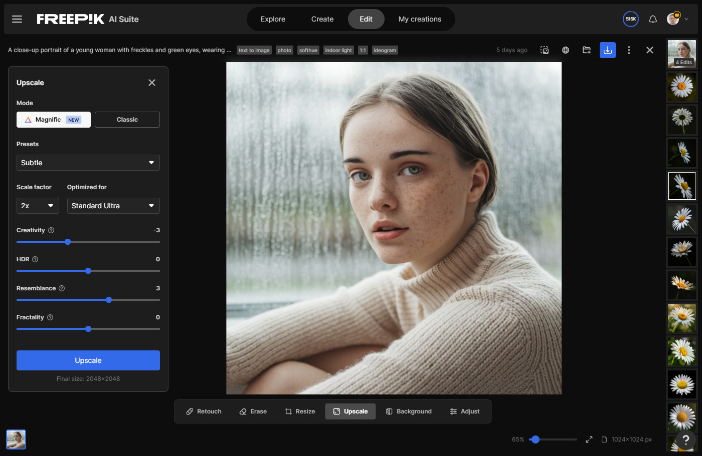 Freepik Magnific image upscaler interface with controls and a portrait preview