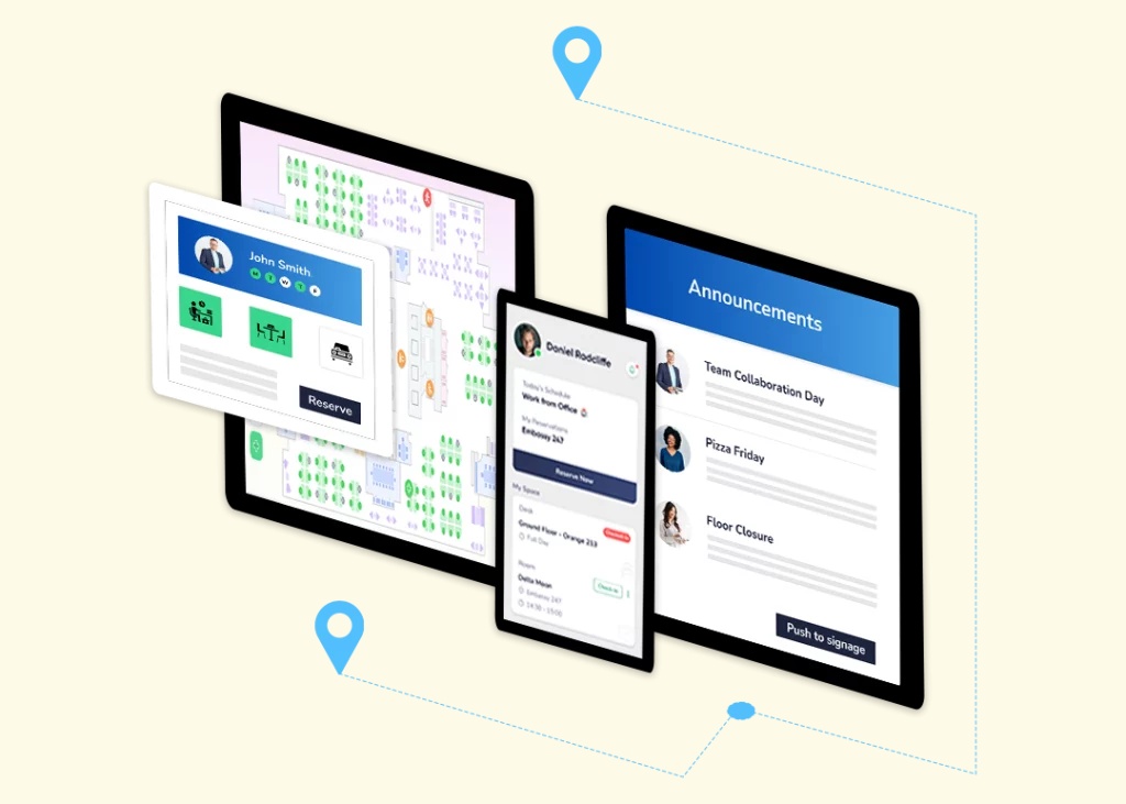 Freespace product illustration showing booking, office floorplans and employee announcements