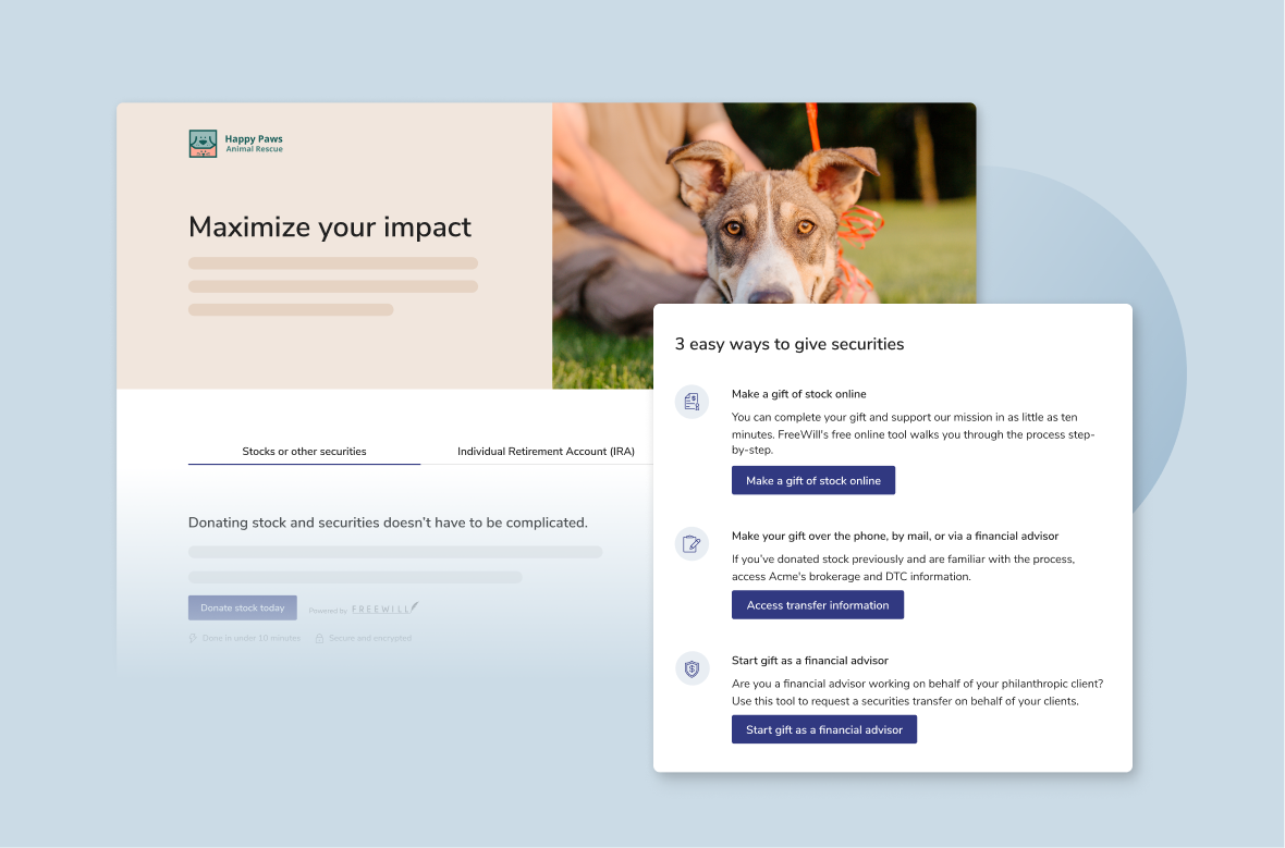 FreeWill product illustration showing a nonprofit stock donation form
