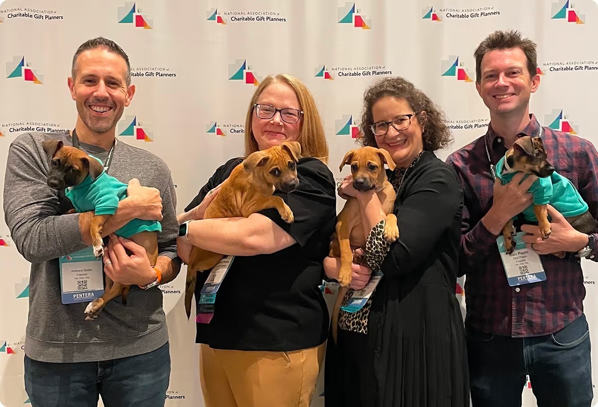 Four FreeWill employees holding puppies