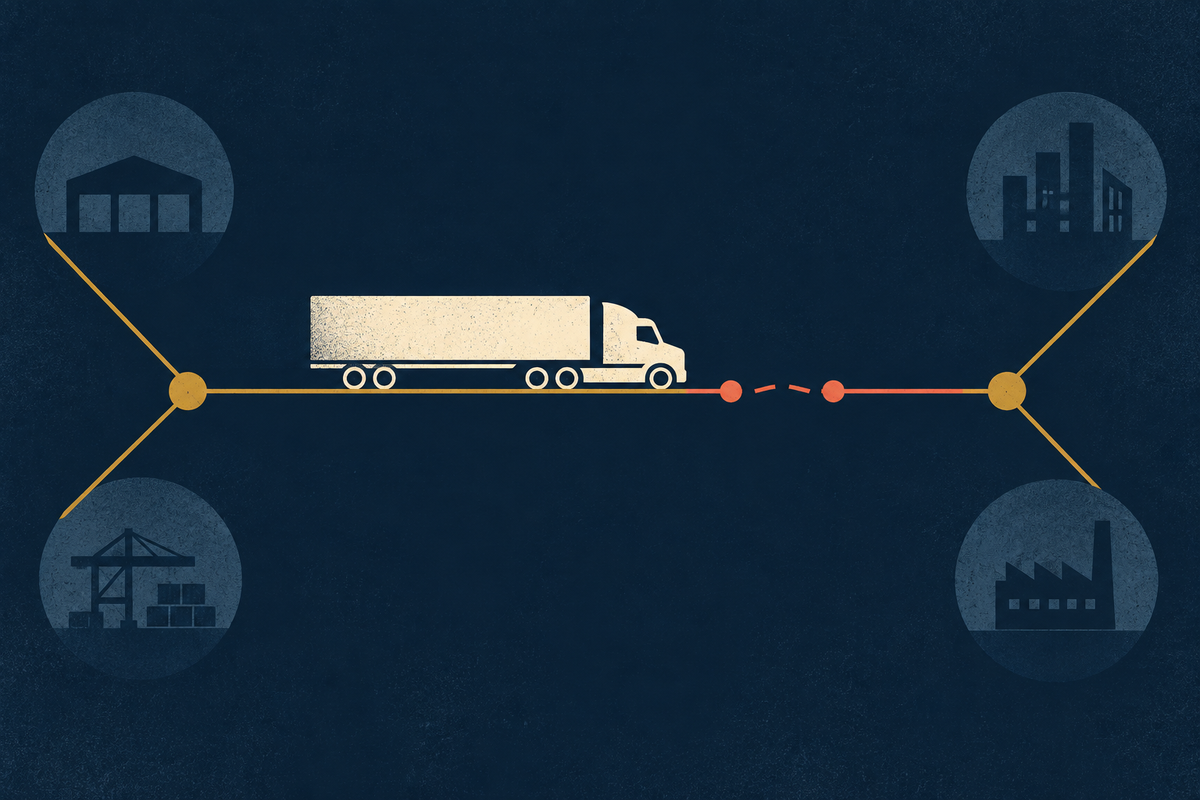 Minimal editorial illustration of a freight truck crossing connected nodes