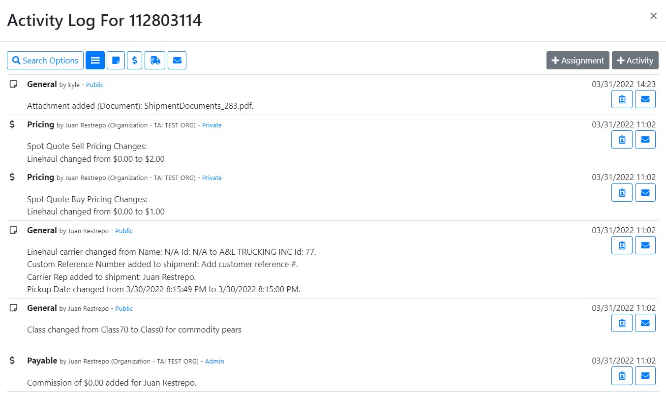 FreightSaver transportation management system activity log showing shipment changes and timestamps