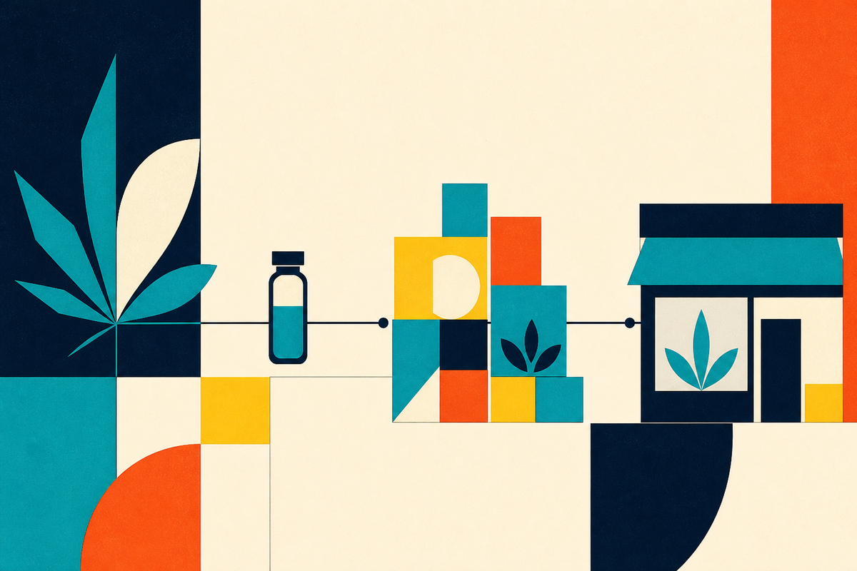 Abstract Swiss-style illustration connecting a hemp leaf, laboratory vial, packages and storefront