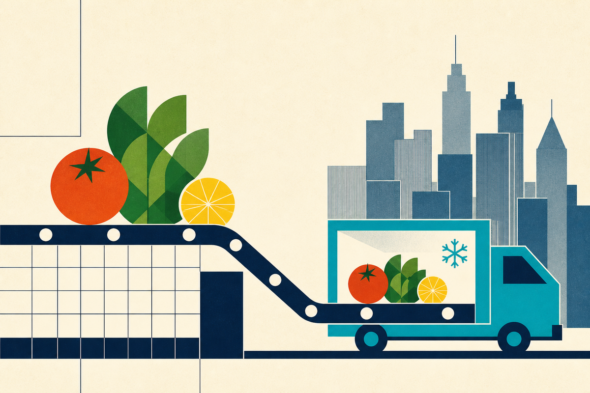 Geometric produce travels along a conveyor into a refrigerated truck against a New York skyline