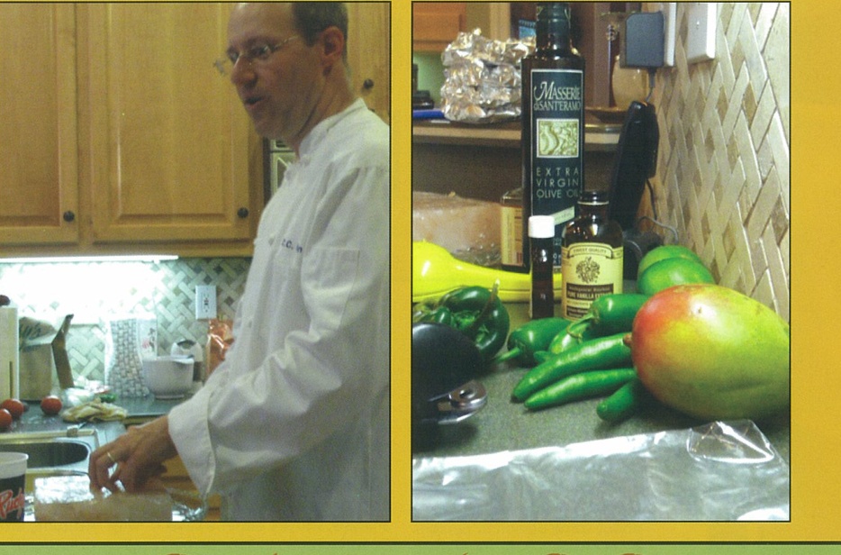 C.C. Fridlin teaching at a kitchen counter beside a photograph of ingredients