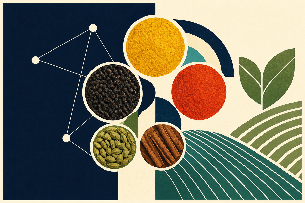 Abstract Swiss-style arrangement of spices, farm rows, leaves and connected cooperative nodes