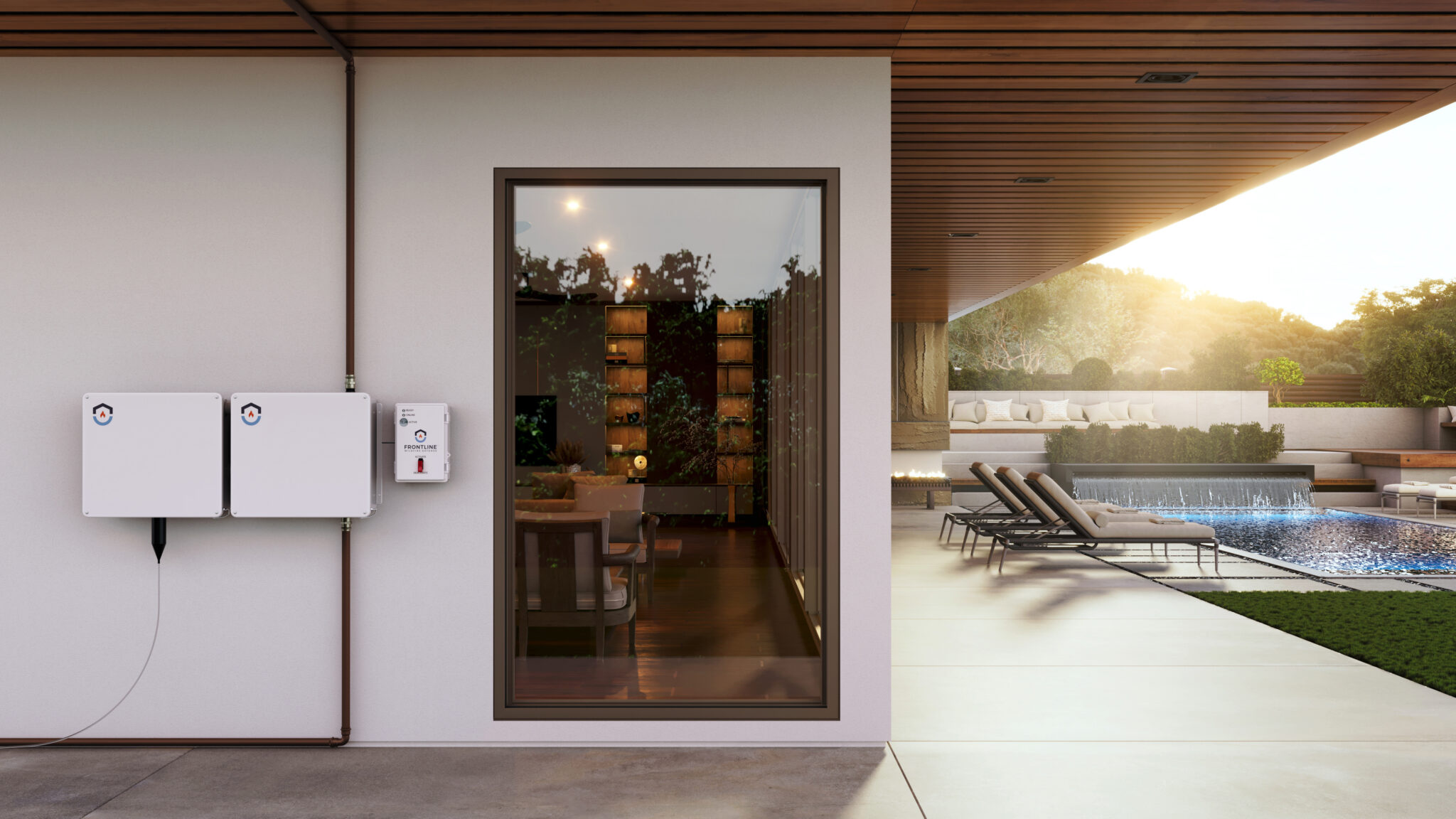 Frontline controller boxes and copper pipes mounted neatly on the exterior wall of a modern home