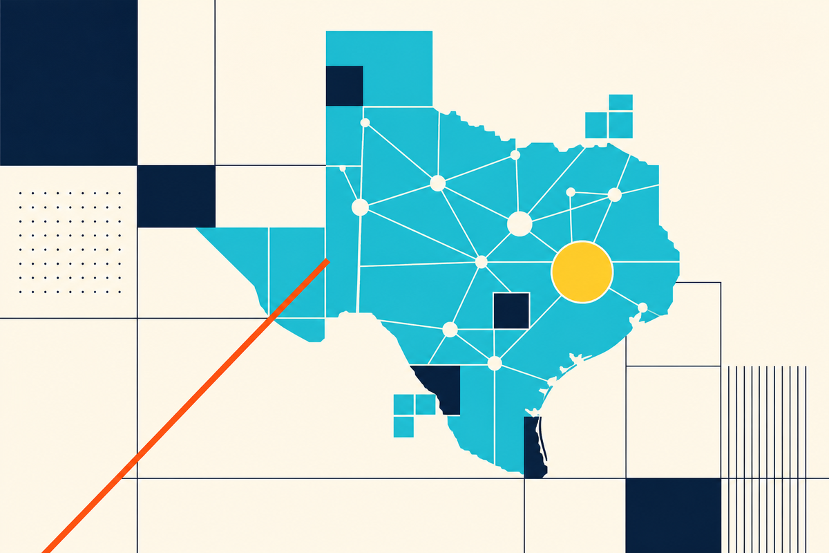 Abstract Swiss-style map of Texas connected by a geometric financial network