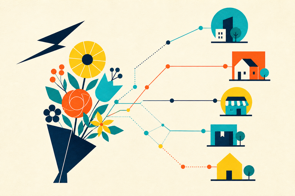Geometric bouquet connected by colored routes to homes and shops