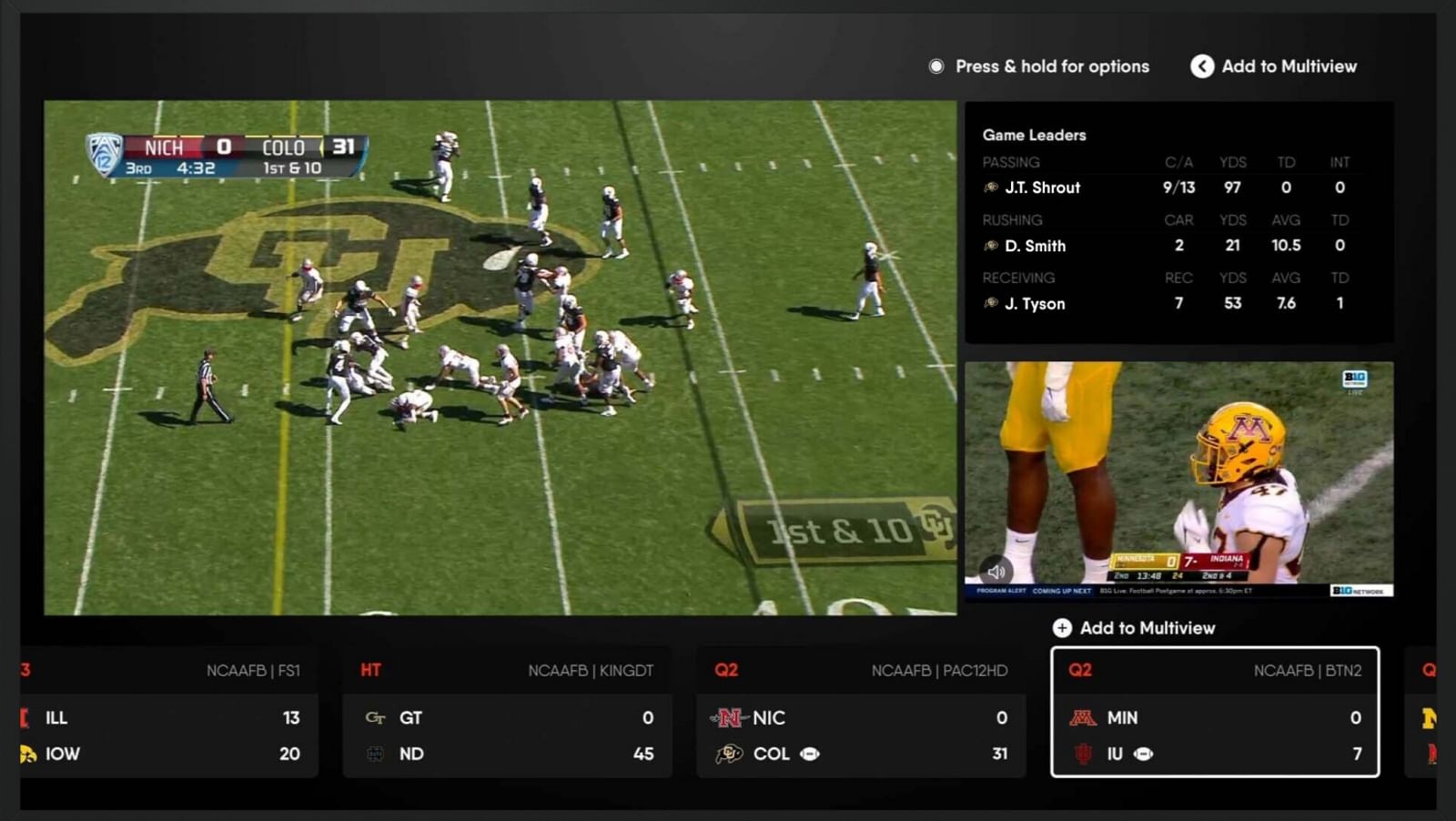 Historical Fubo product screen displaying college football, a second live game and game statistics