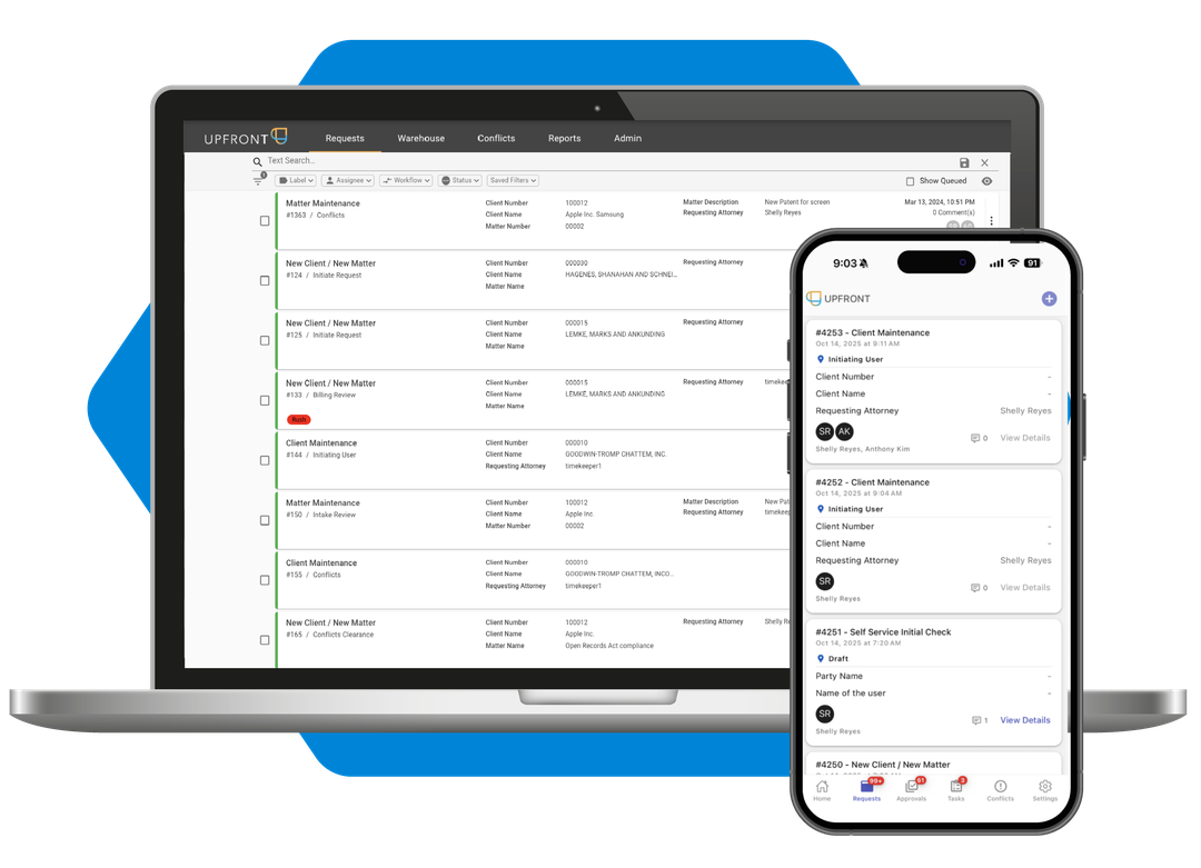 Fulcrum Upfront product screens showing intake requests on a laptop and phone