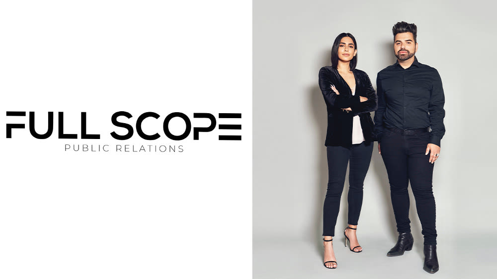 Full Scope PR co-founders Pia Malihi and Jack Ketsoyan standing beside the agency wordmark