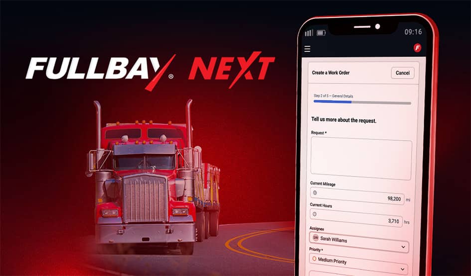 Fullbay Next mobile work-order interface beside a red heavy-duty truck